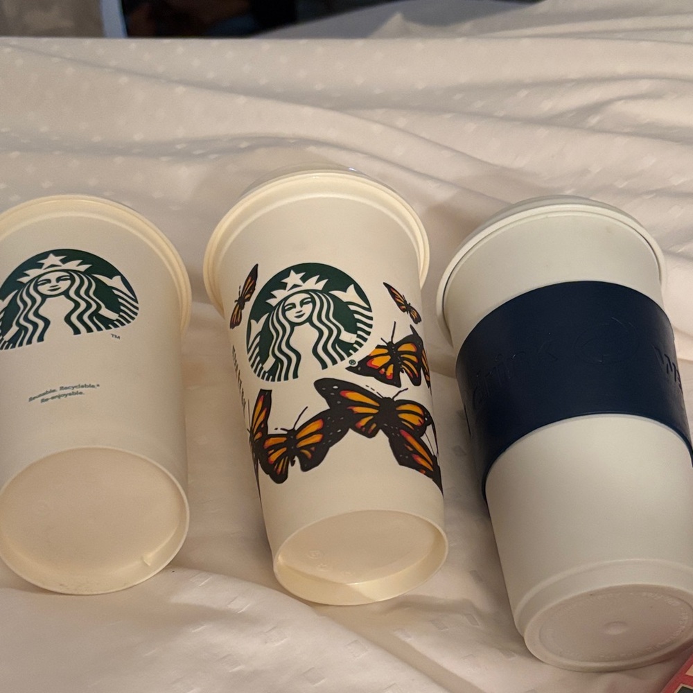 Make offer!Starbucks 3 three White and Blue Reusable Coffee Tea Water Drink Cups